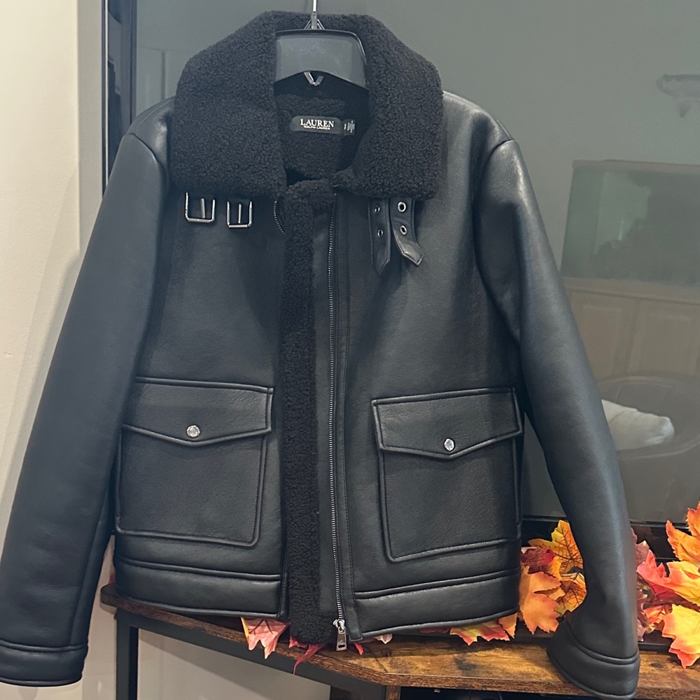 NWOT Ralph Lauren Black Faux leather & faux Shearling Bomber Jacket SP